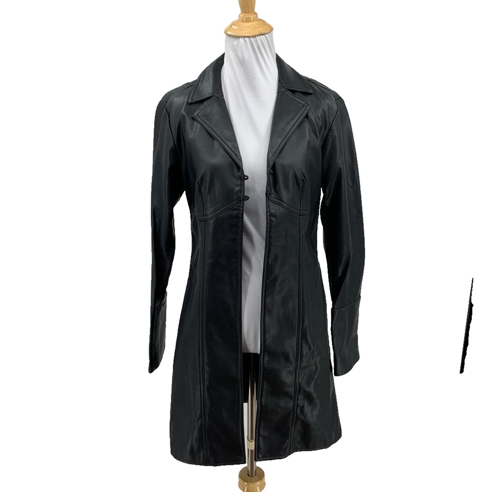 Pilcro Coat Womens XS Extra Small Black Faux Leather Trench Notch Jacket *NO Tie